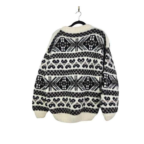 Vintage 80s L Chunky Wool Crew Neck Sweater Brown Nordic Hearts Fair Isle Cozy - Picture 2 of 2